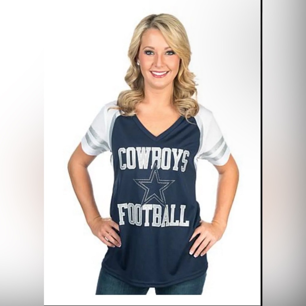 COWBOYS HER STYLE Dallas Cowboy Glitter NFL Baker Vneck Womens Shirt